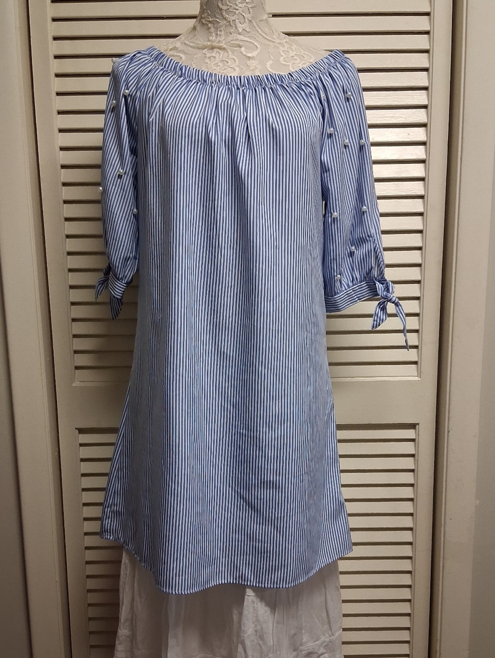Classic Light Blue Striped Summer BohoTop Tunic with Pearl-Accent Sleeves